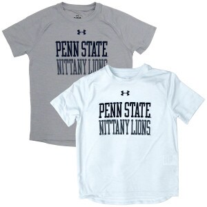 gray and white youth Under Armour vent tech t-shirts with screened Penn State Nittany Lions